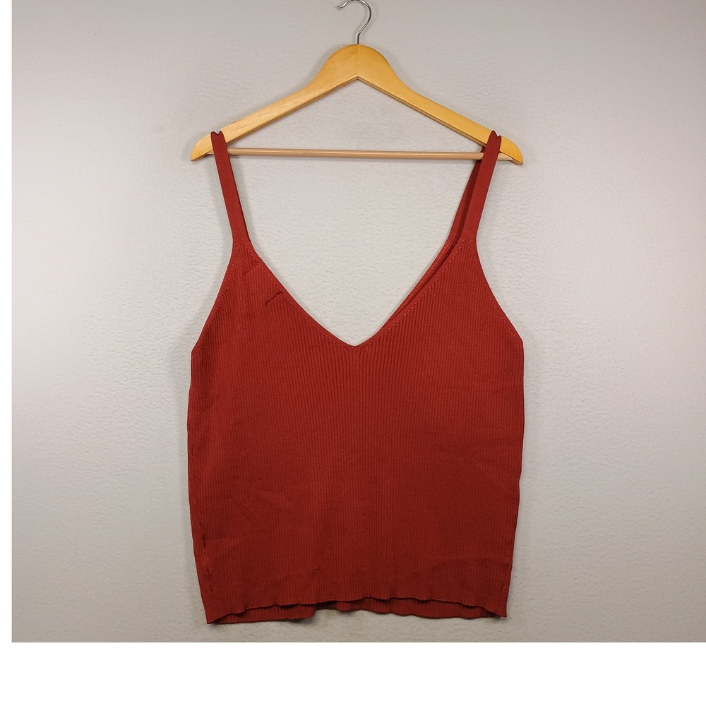 Minimalist Pinque Womens XL Rust Red Ribbed Knit V-Neck Sleeveless Tank Top